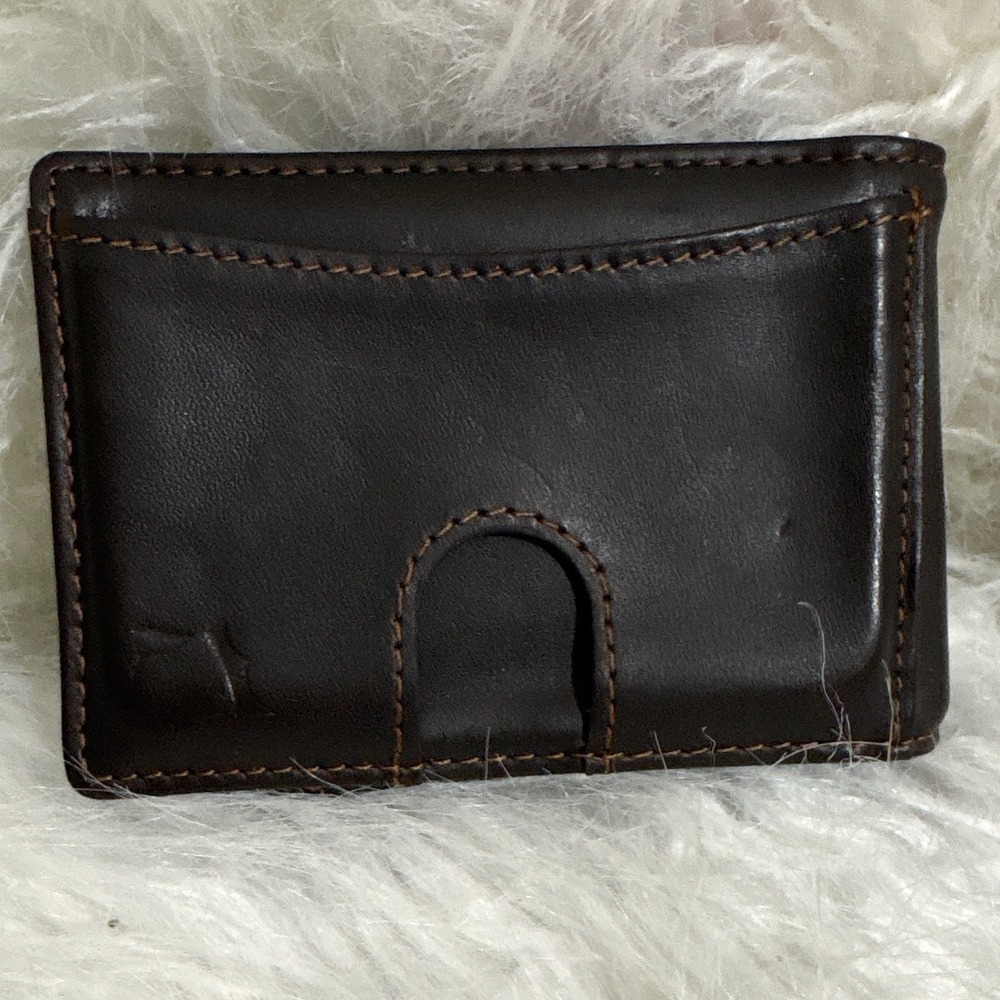 Mens Dark Brown Leather Slim Bifold Wallet with Money Clip and Pull Tab